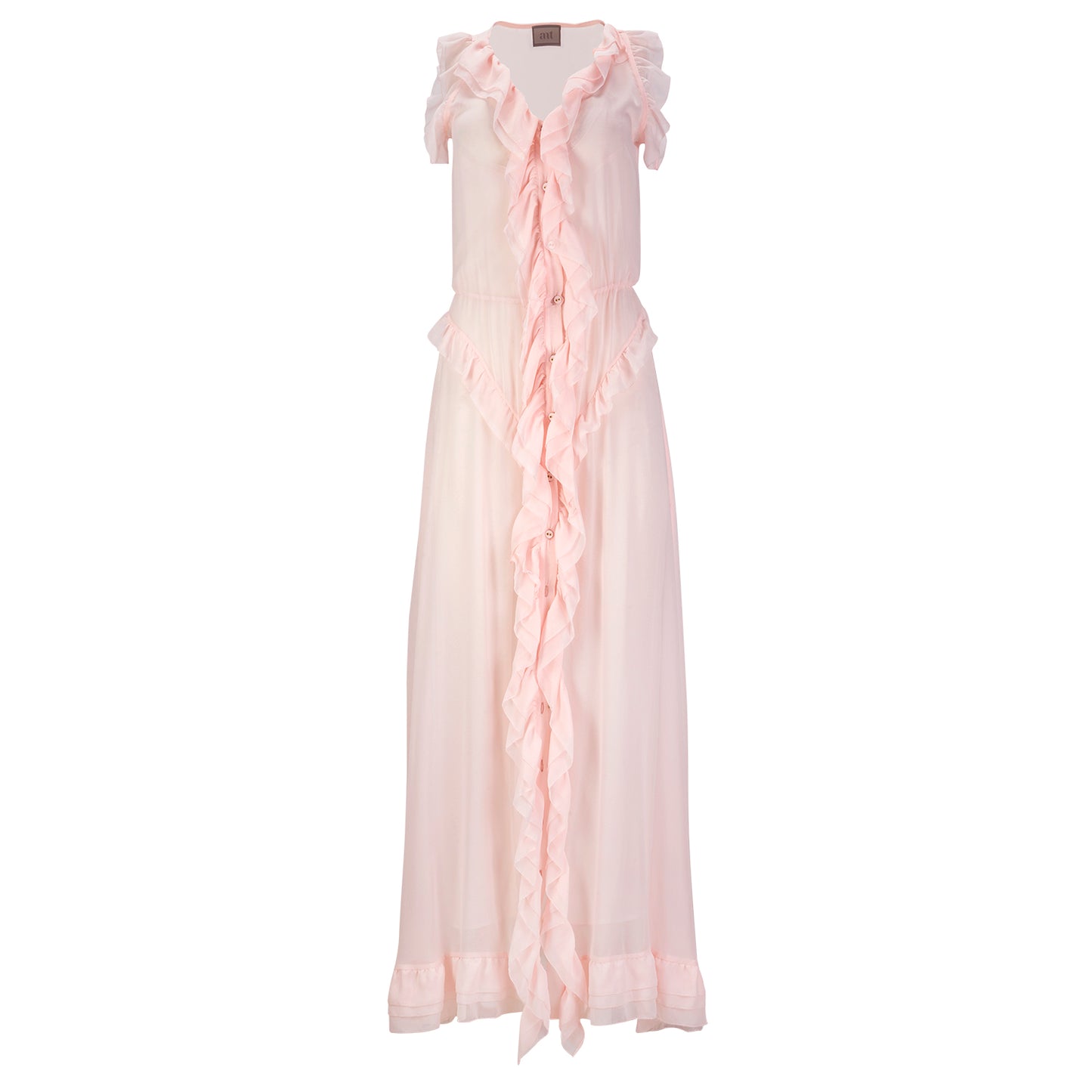 Vestido maxi de chiffon de seda rosa com babados