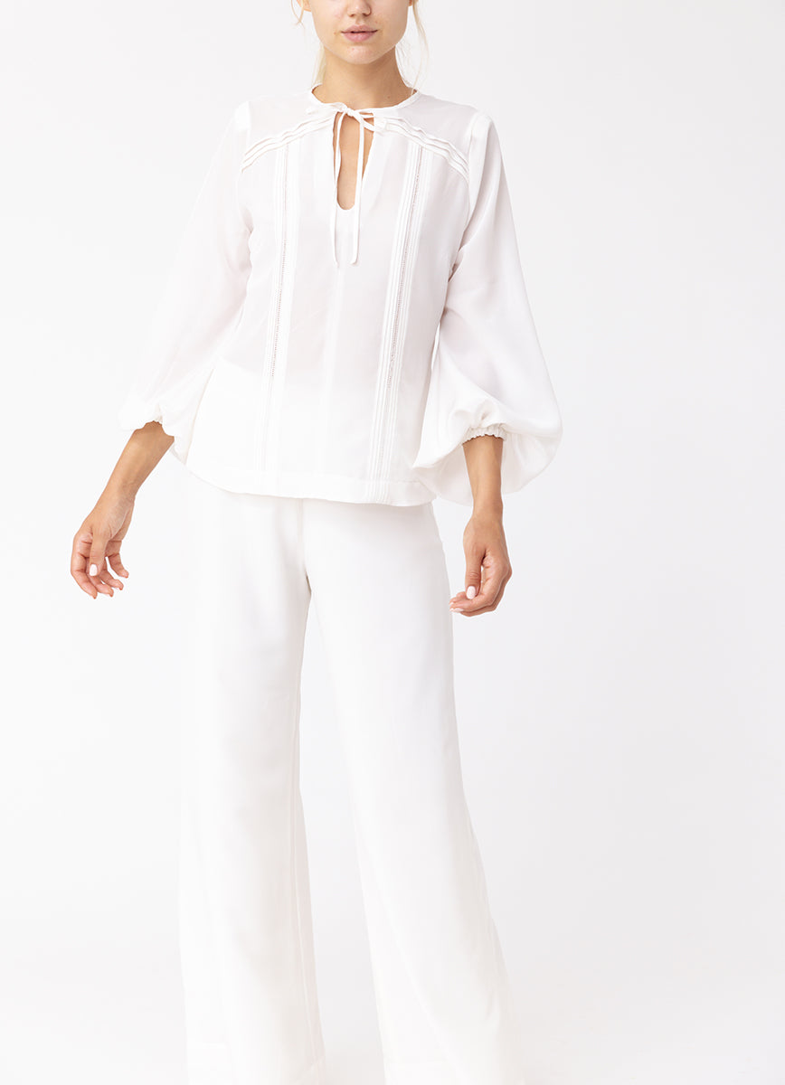 Pleated White Silk Blouse