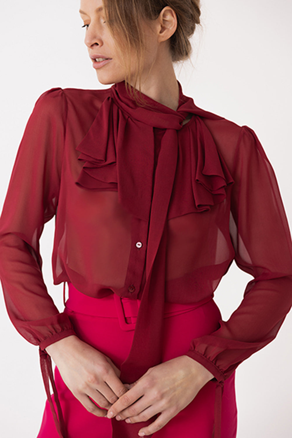 Ruffled Chiffon Burgundy Blouse