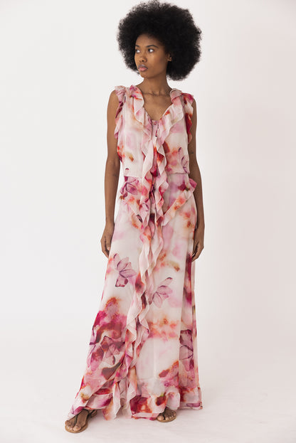 Ruffled Print Chiffon Maxi Dress