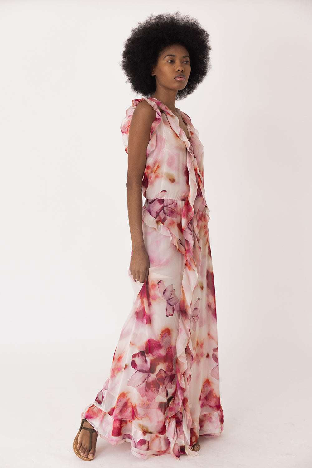 Ruffled Print Chiffon Maxi Dress