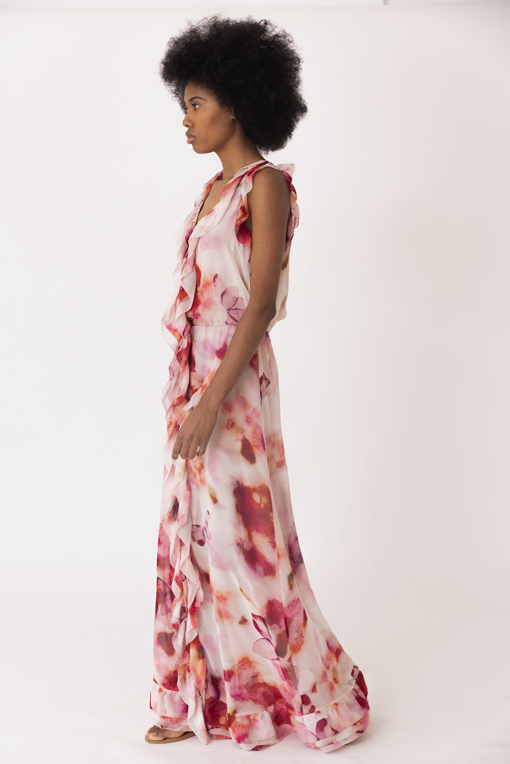 Ruffled Print Chiffon Maxi Dress