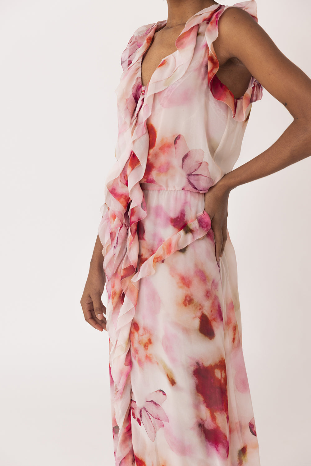 Ruffled Print Chiffon Maxi Dress