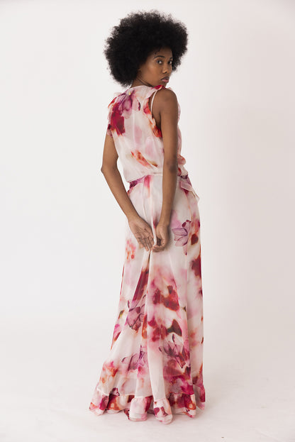 Ruffled Print Chiffon Maxi Dress