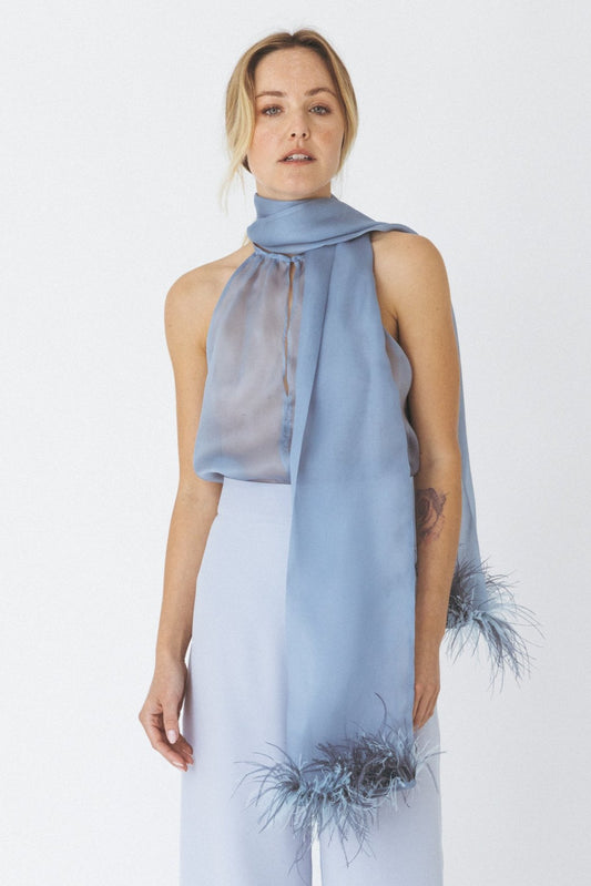 Halterneck Feather-trimmed Organza Top