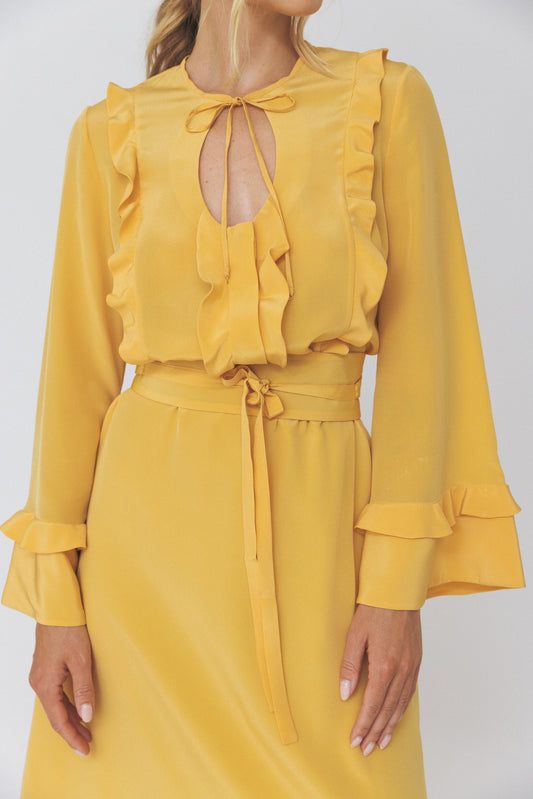 Ruffled Round Neckline Silk Yellow Dress