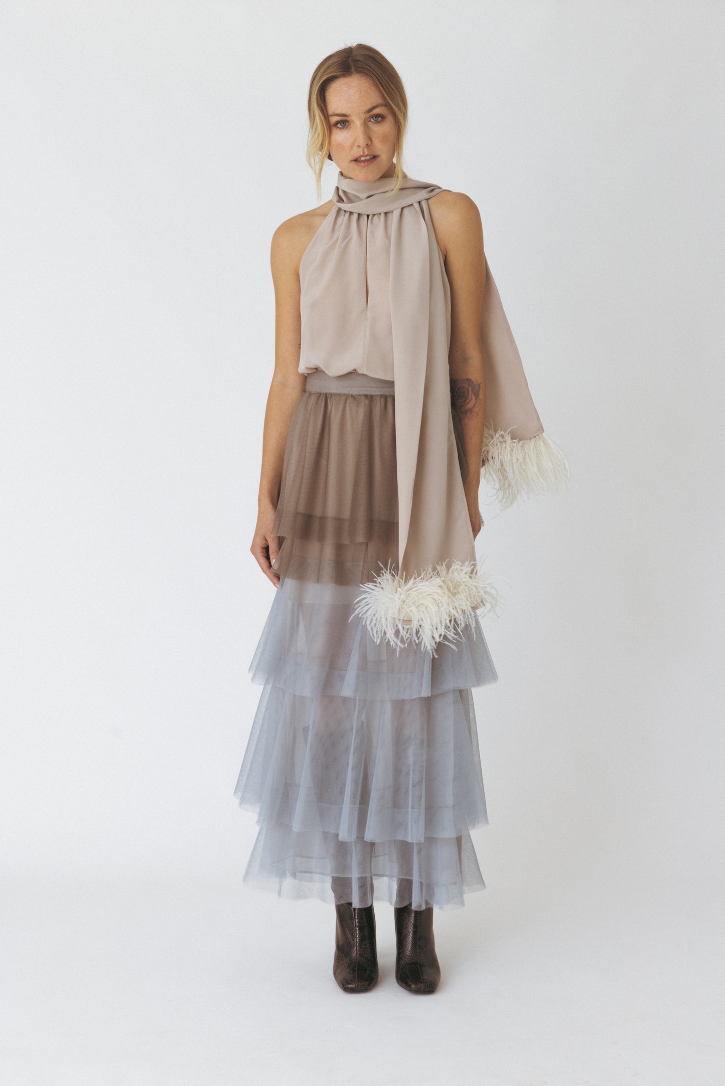 Halterneck Feather-trimmed Organza Top