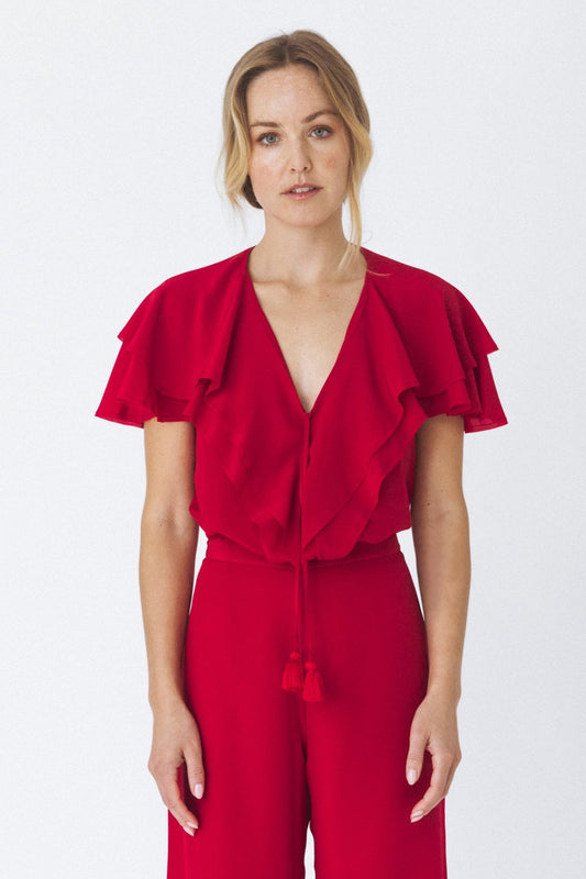 Ruffled Short Sleeves Red Blouse