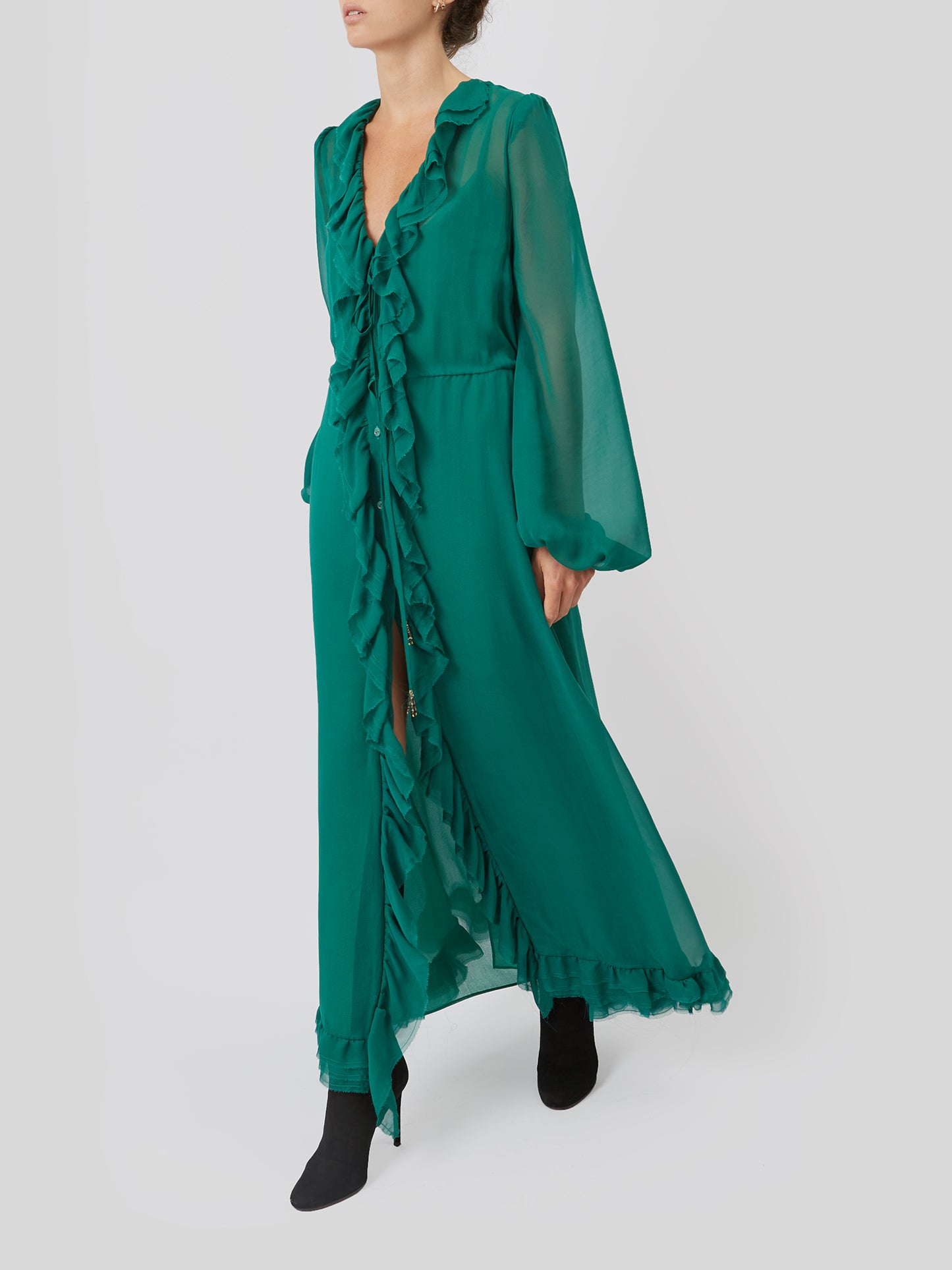 Vestido maxi verde com babados