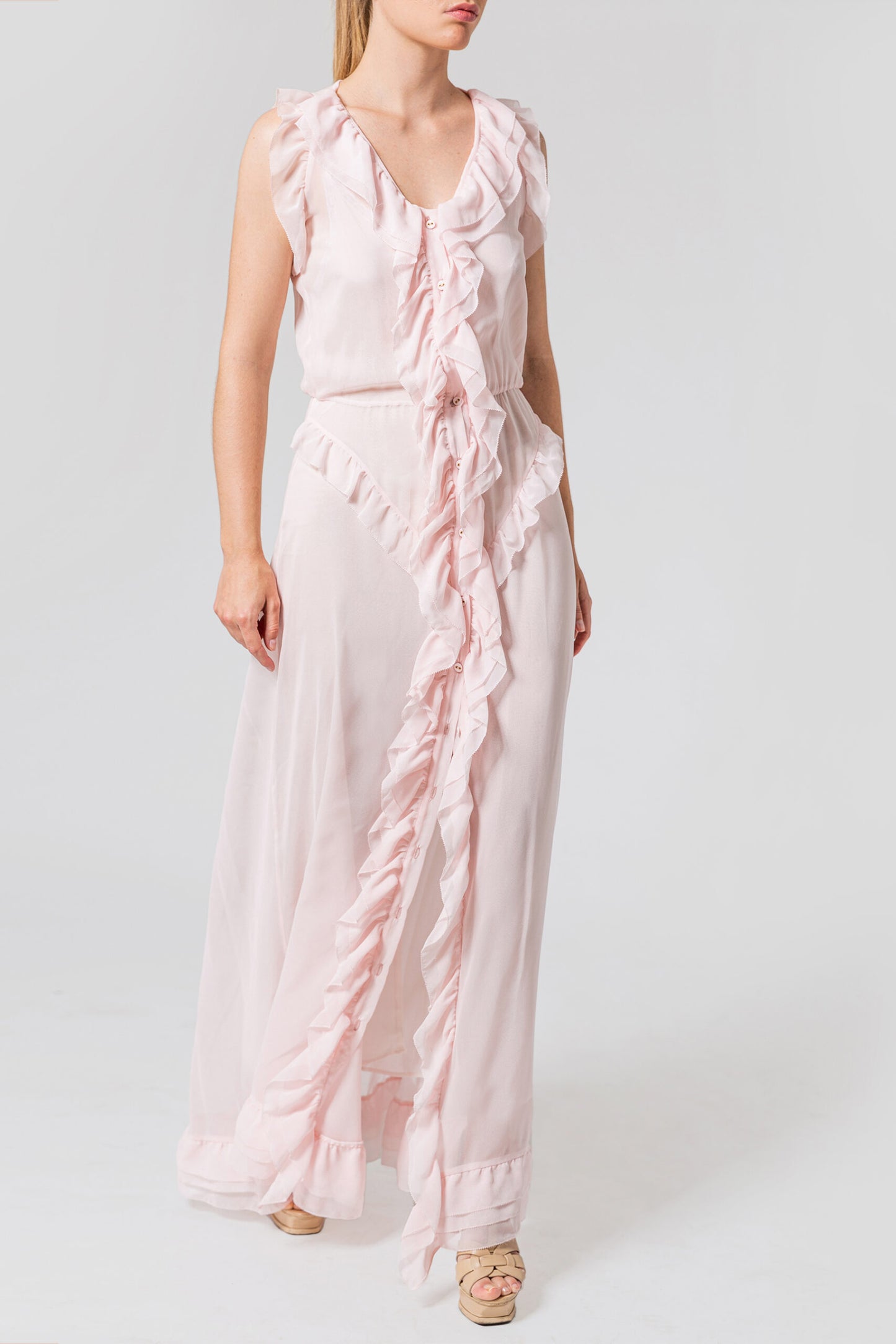 Ruffled Pink Silk Chiffon Maxi Dress