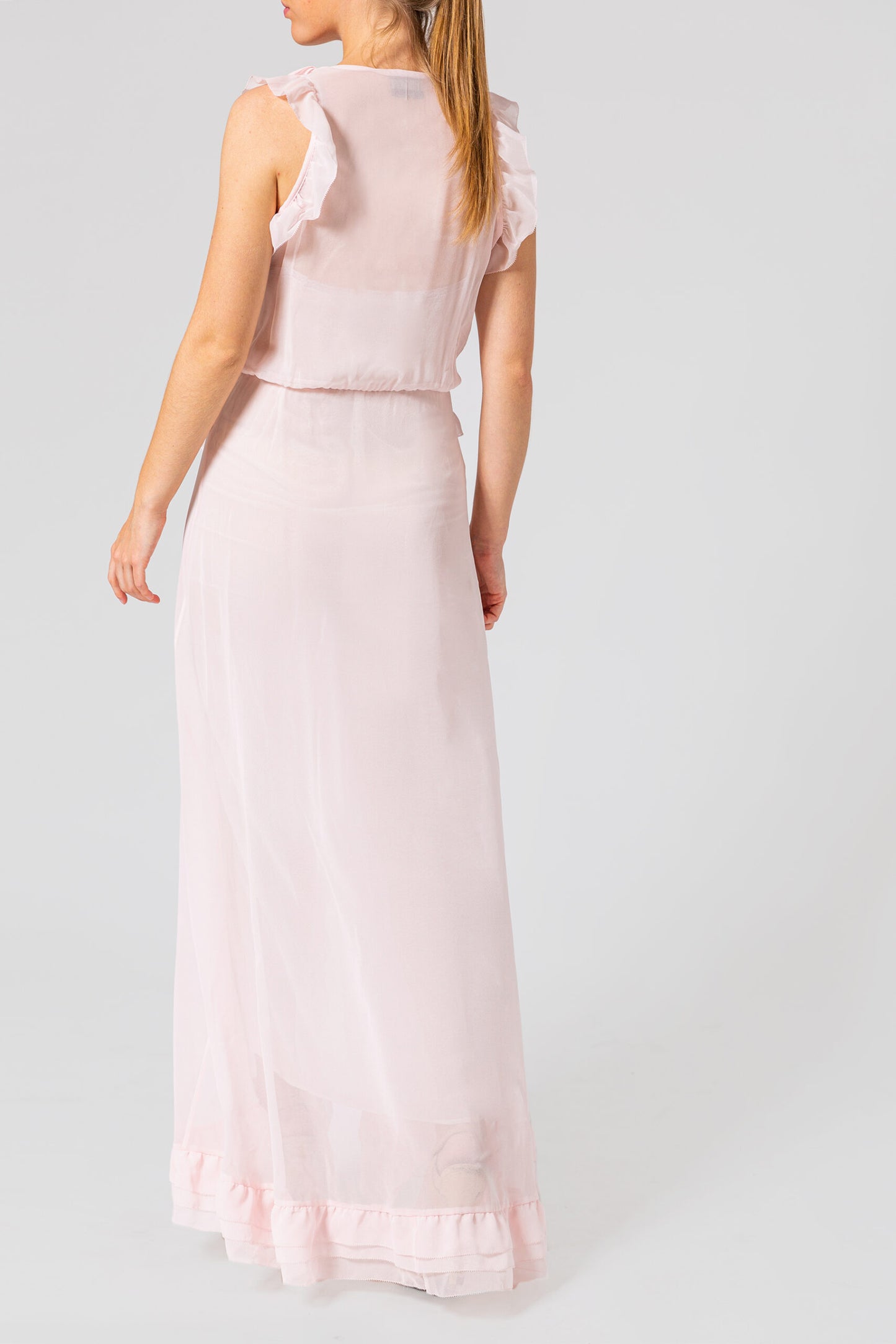 Ruffled Pink Silk Chiffon Maxi Dress