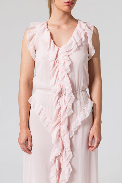 Ruffled Pink Silk Chiffon Maxi Dress