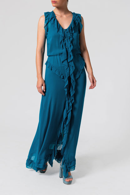 Ruffled Silk Chiffon Maxi Dress