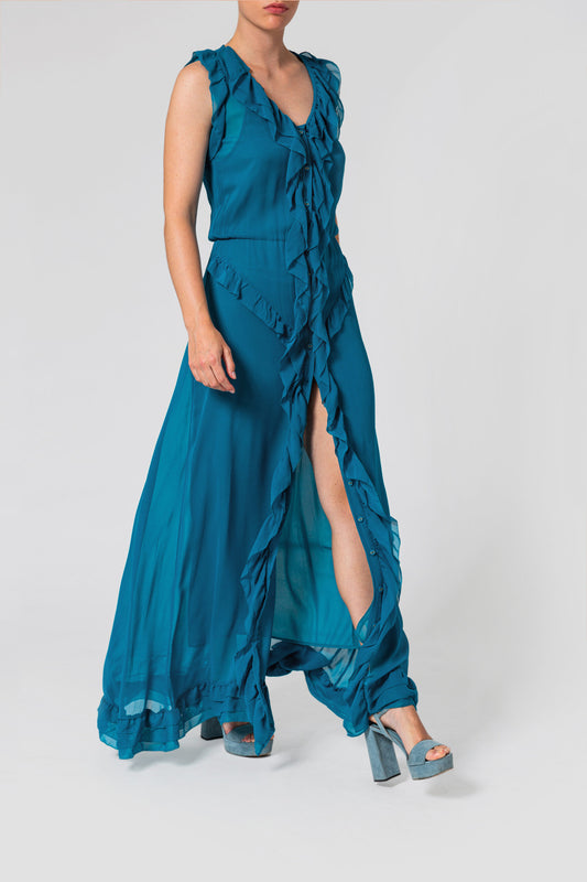 Ruffled Silk Chiffon Maxi Dress