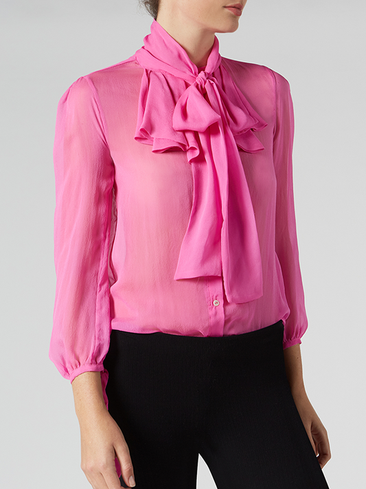 Blusa de chiffon de seda rosa com babados