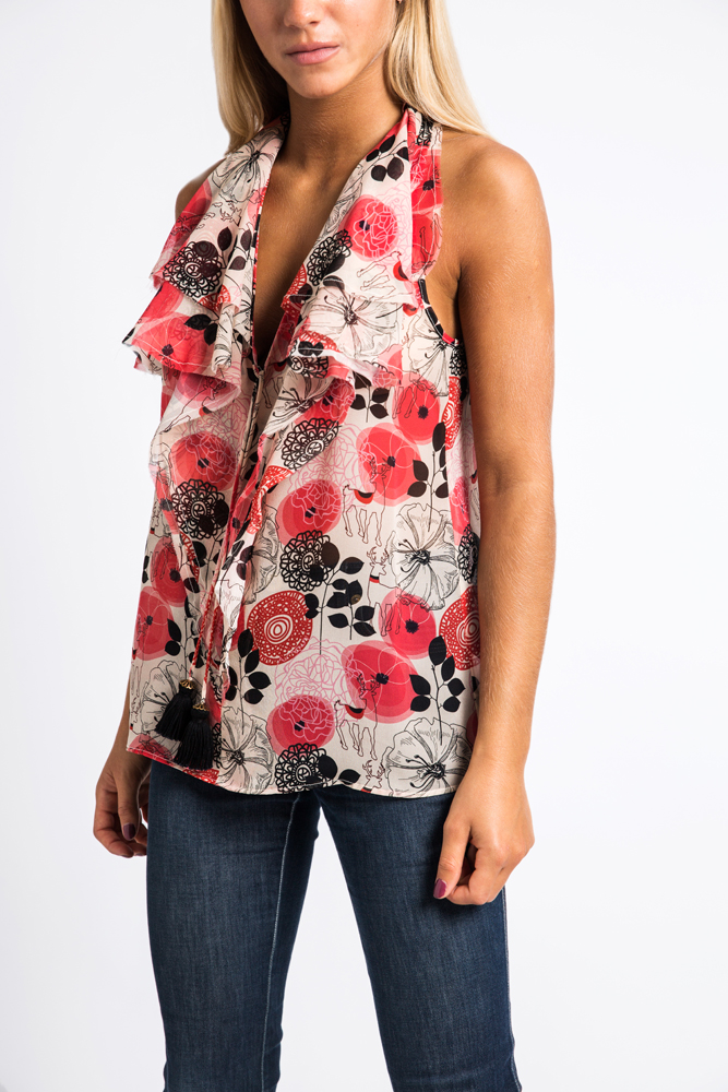 Blusa de chiffon estampada com babados