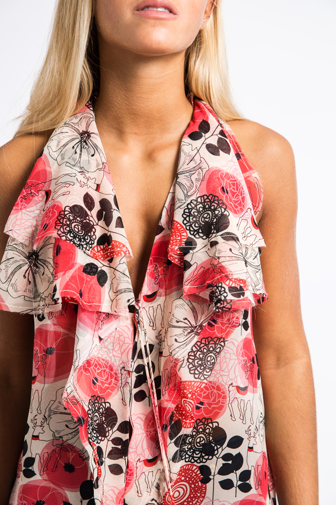 Blusa de chiffon estampada com babados