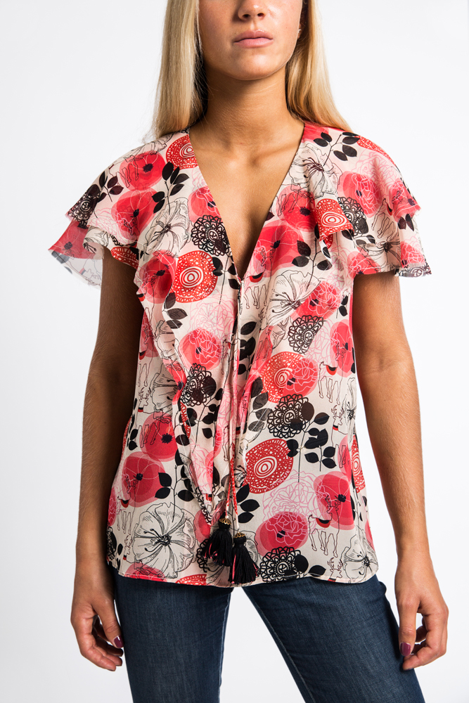 Blusa de chiffon estampada com babados