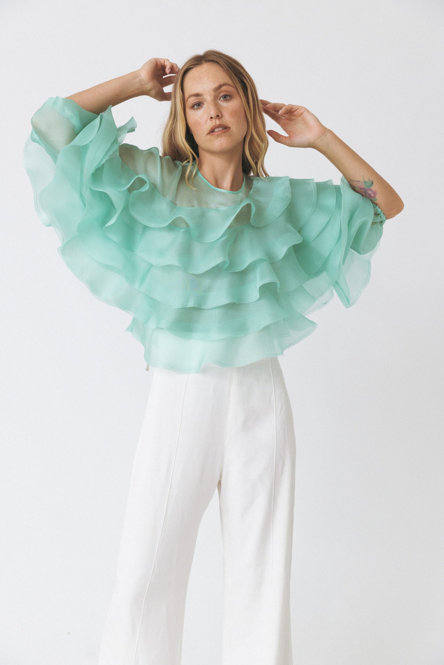 Voluminous Ruffled Acqua Blouse