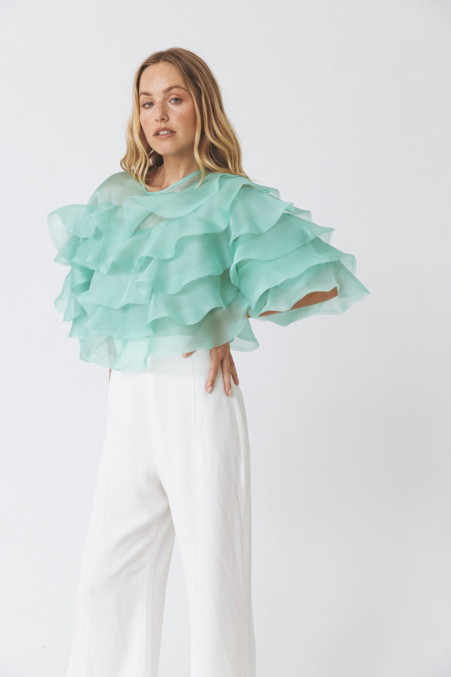 Voluminous Ruffled Acqua Blouse