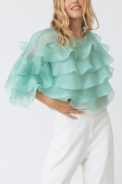 Voluminous Ruffled Acqua Blouse