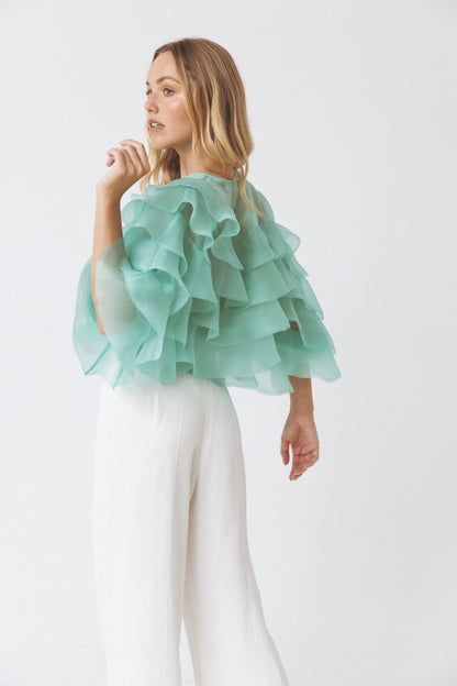 Voluminous Ruffled Acqua Blouse